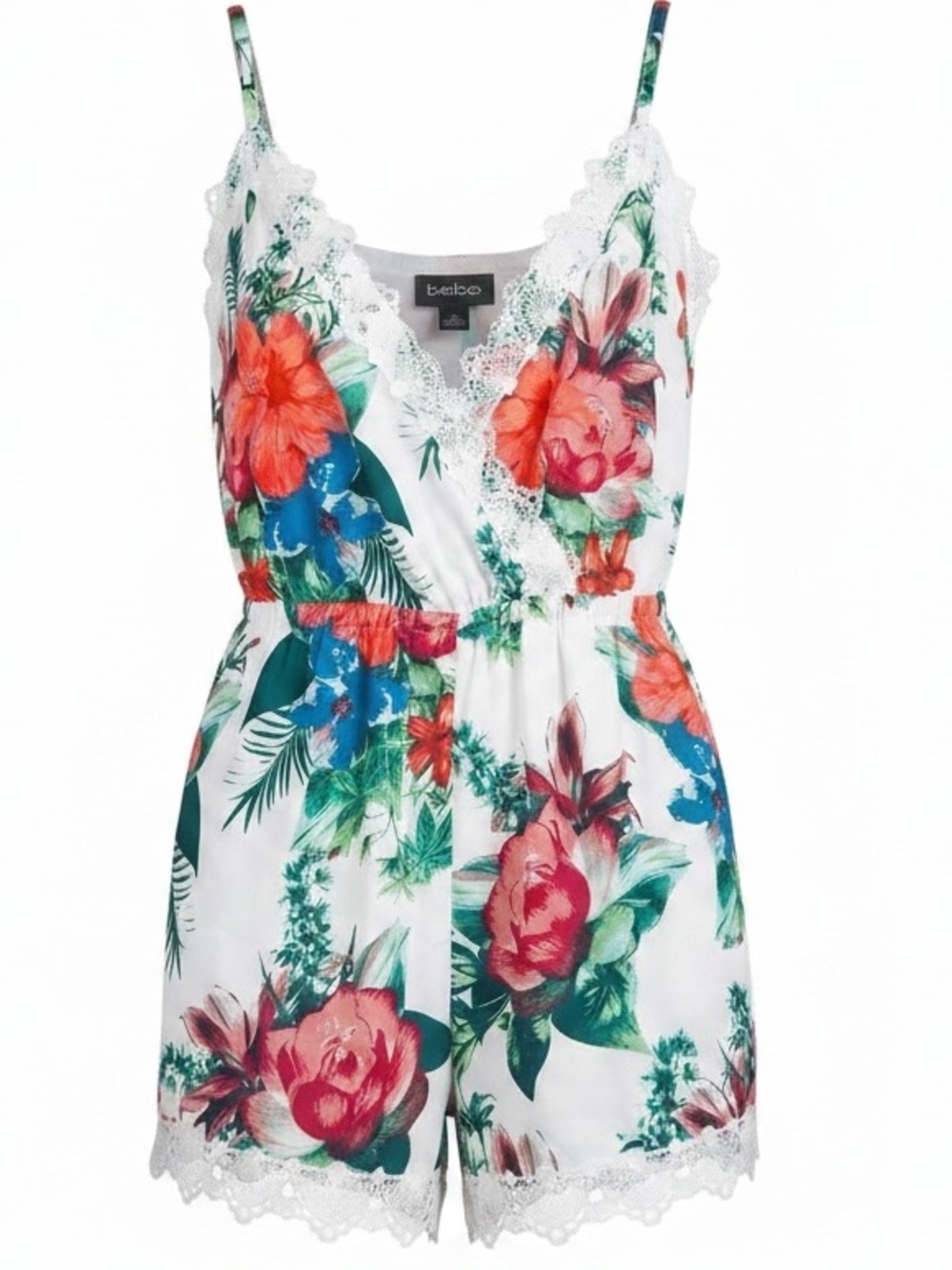 bebe White Floral Lace V-Neck Dress with Coral & Blue Print